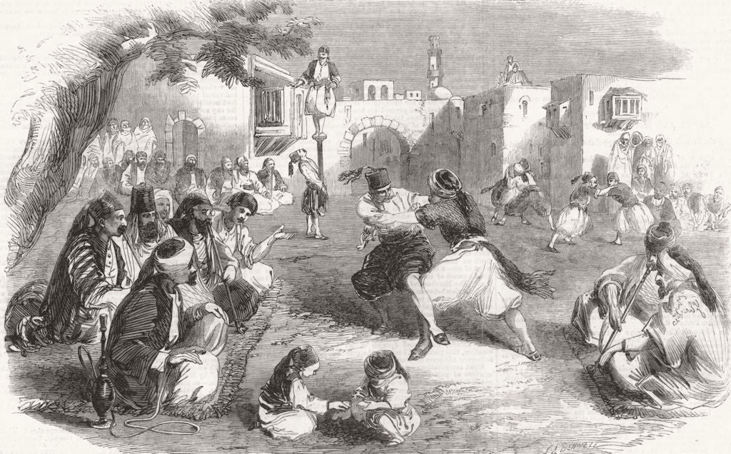 SYRIA. Shebab(young bachelors)sports 1860 old antique vintage print picture